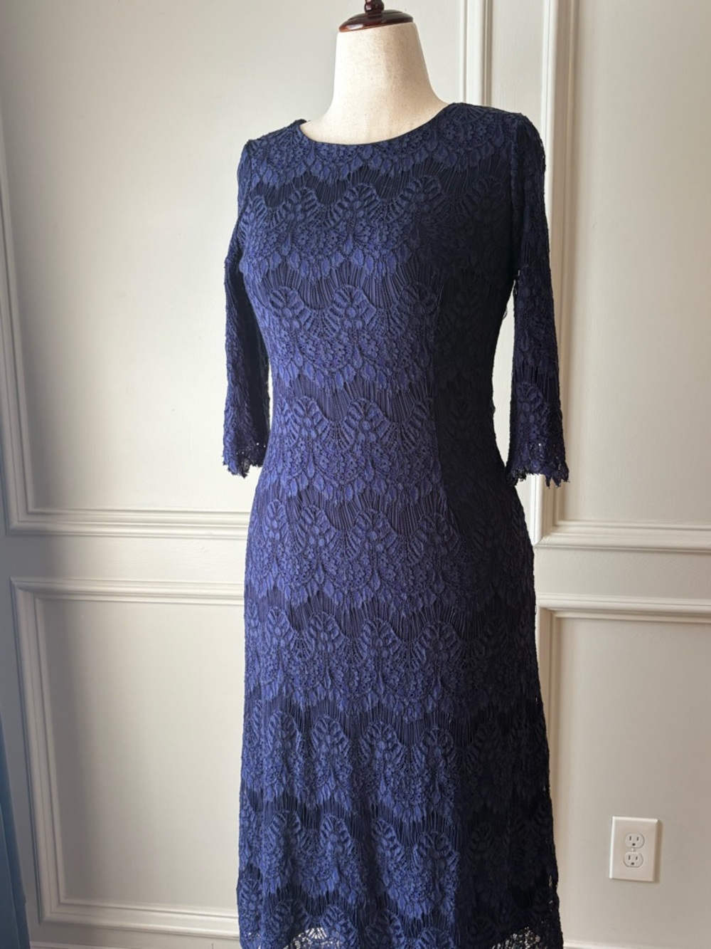 Dainty Jewells Navy Lace Midi Dress with Three-Quarter Sleeves